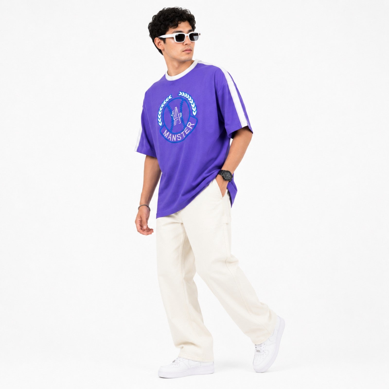 Men's Blue Oversized Varsity Graphic T-Shirt-4