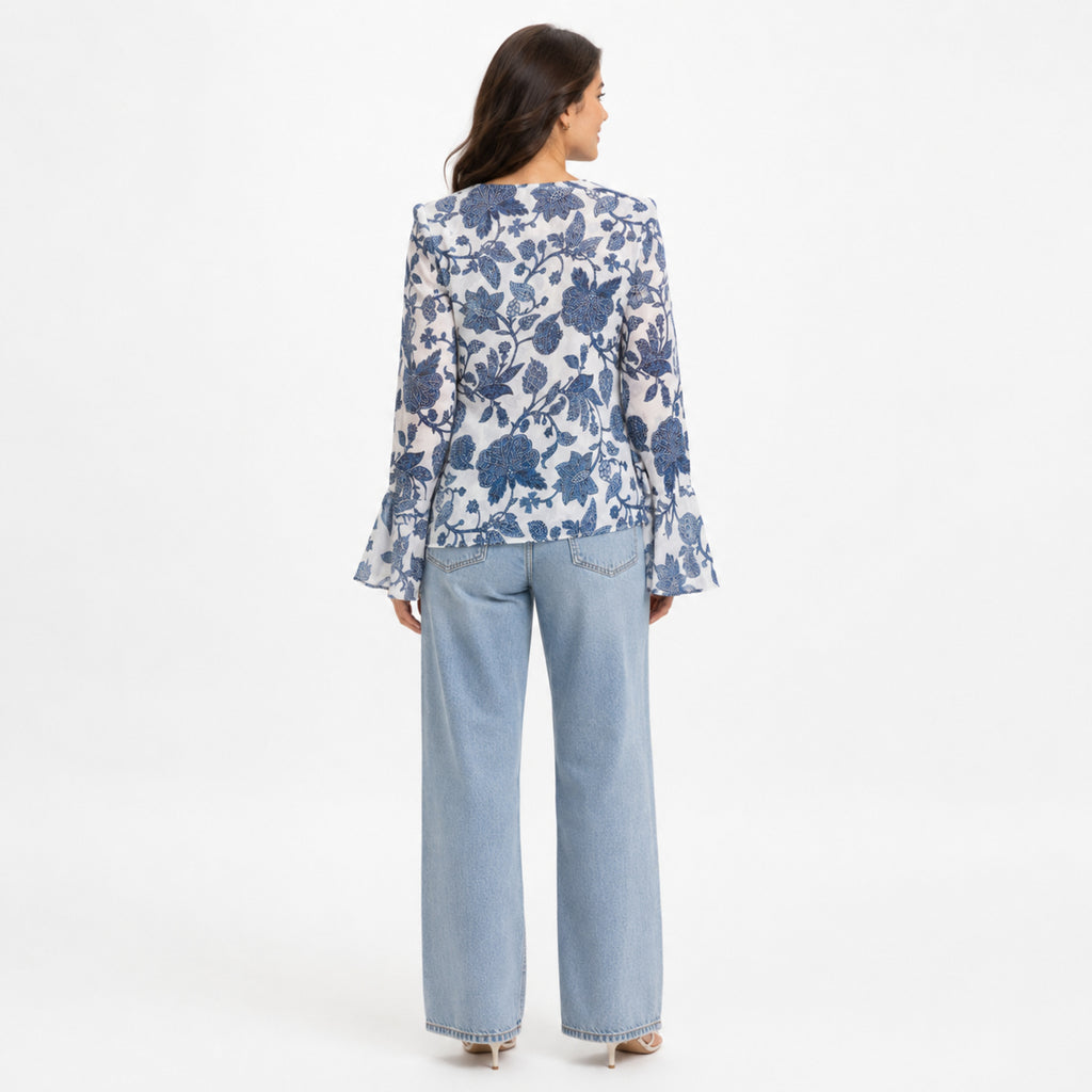 Women's White Blue Floral Print Tie-Neck Handkerchief Hem Top | Flared Sleeve Blouse-4