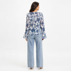 Women's White Blue Floral Print Tie-Neck Handkerchief Hem Top | Flared Sleeve Blouse-4