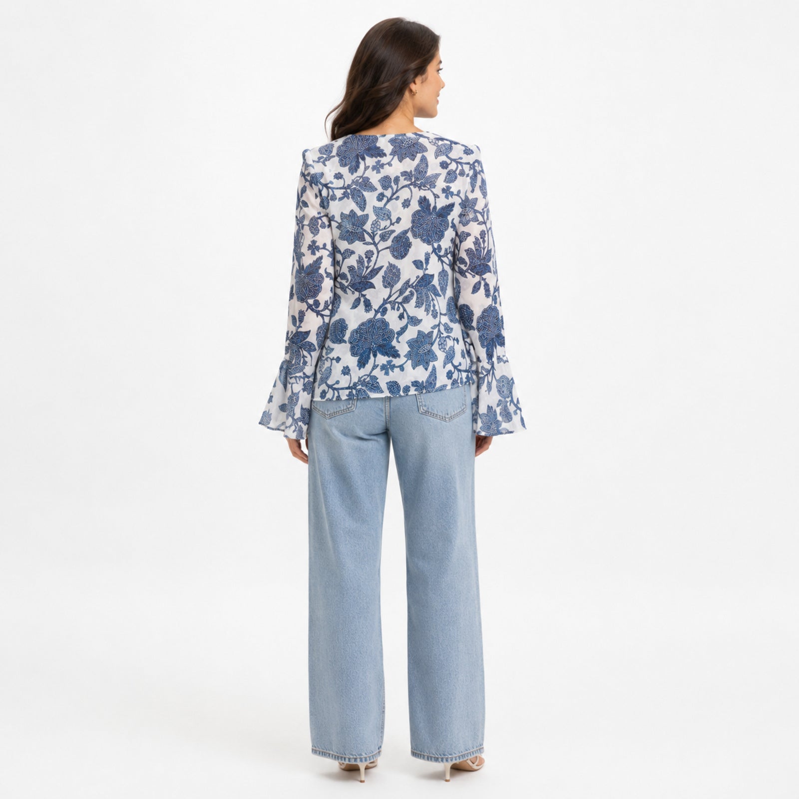 Women's White Blue Floral Print Tie-Neck Handkerchief Hem Top | Flared Sleeve Blouse-4
