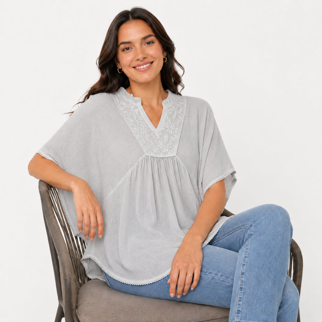 Women's Grey Embroidered Kaftan Top-3