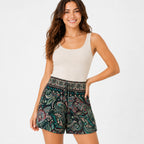 Women's Dark Green Paisley Print Boho Shorts | High-Rise Drawstring Casual Summer Shorts-2