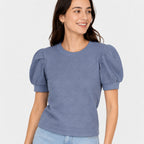 Women's Blue Textured Puff Sleeve Top | Elegant Casual Knit T-Shirt-3