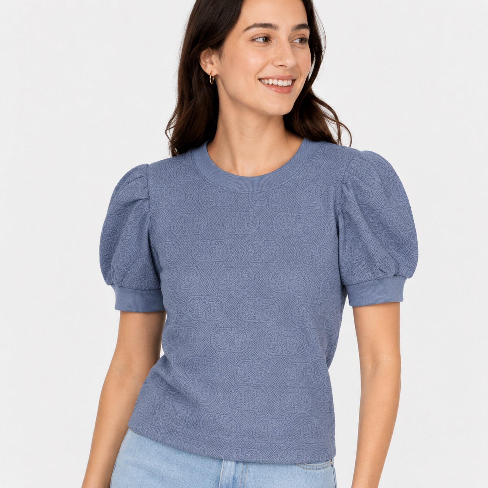 Women's Blue Textured Puff Sleeve Top | Elegant Casual Knit T-Shirt-3