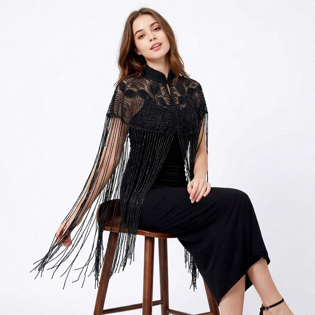 Women's Elegant Hand-Embroidered Mock Neck Black Poncho Cape with Metallic Fringe Tassel-2