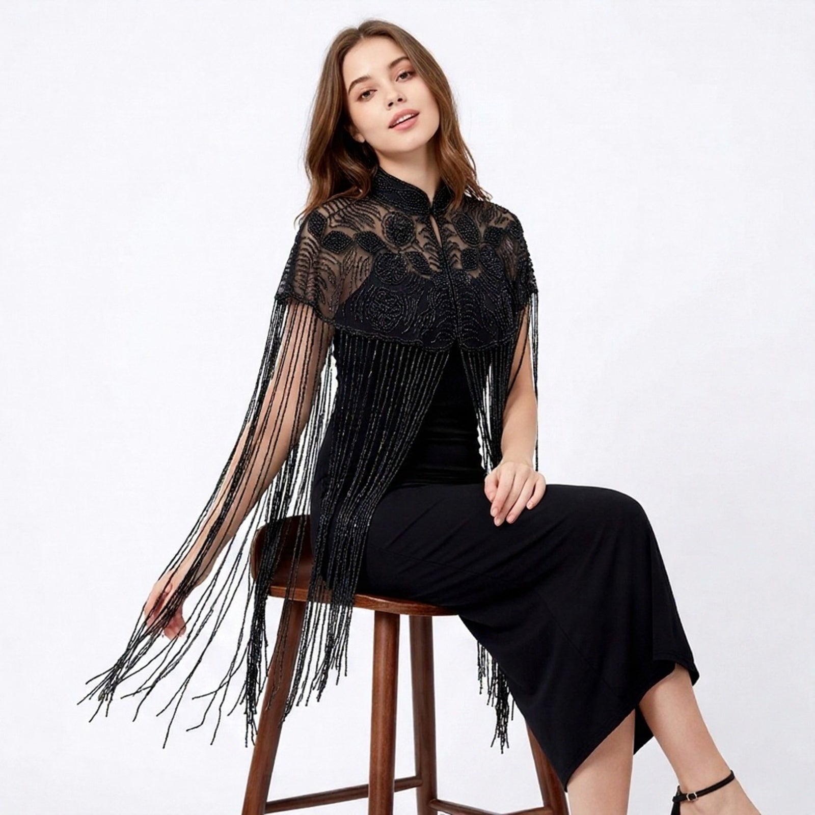 Women's Elegant Hand-Embroidered Mock Neck Black Poncho Cape with Metallic Fringe Tassel-2