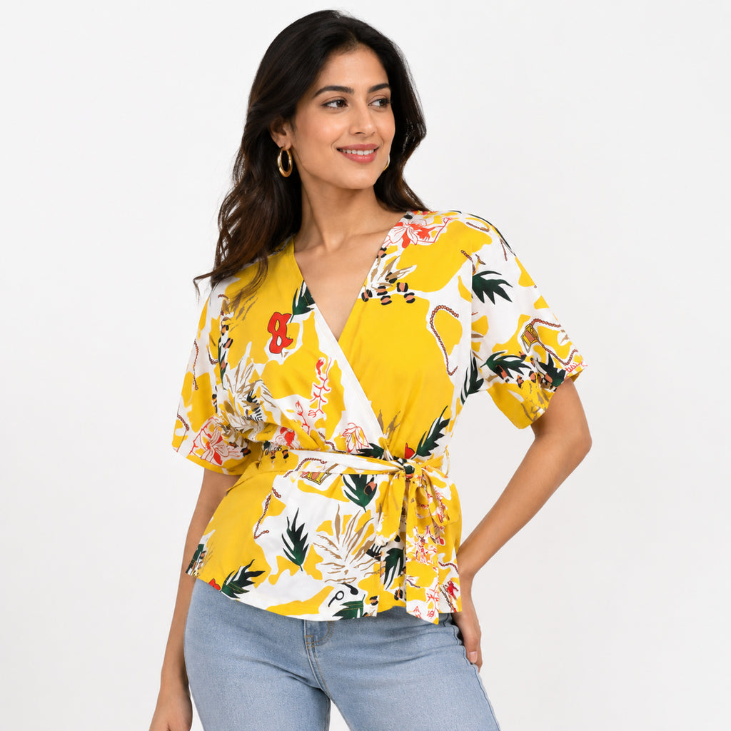 Women's Yellow Floral Tropical Wrap Top with Waist Tie-1