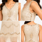 Women's Cream Embellished Fringe Party Dress with V-Neck Design-4