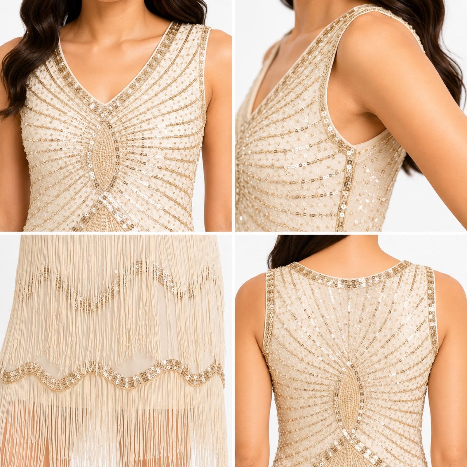 Women's Cream Embellished Fringe Party Dress with V-Neck Design-4