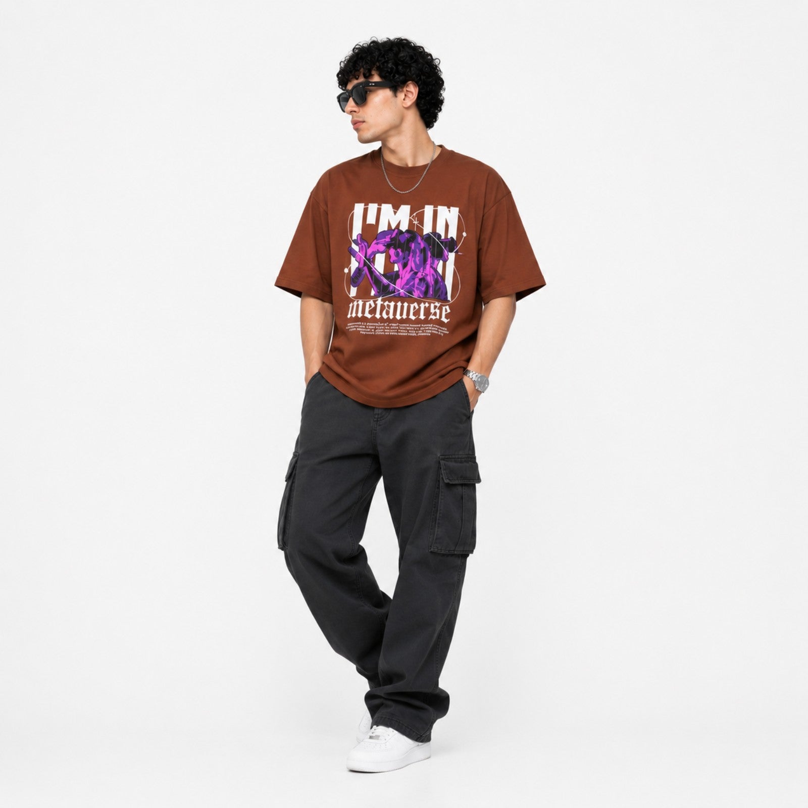 Men's Brown Oversized Graphic Printed T-Shirt-3