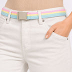Women's Sleek Comfort-Fit Cream Bootcut Trousers with Rainbow Pastel Belt-4