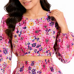 Women's Pink Floral Print Co-Ord Set | Long Sleeve Crop Top with Tiered Mini Skirt-3