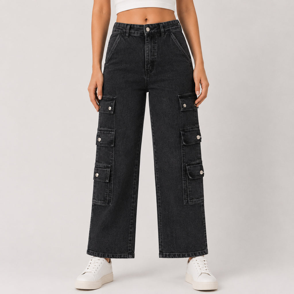 Women's Dark Grey Cargo Fit Denim Jeans-1