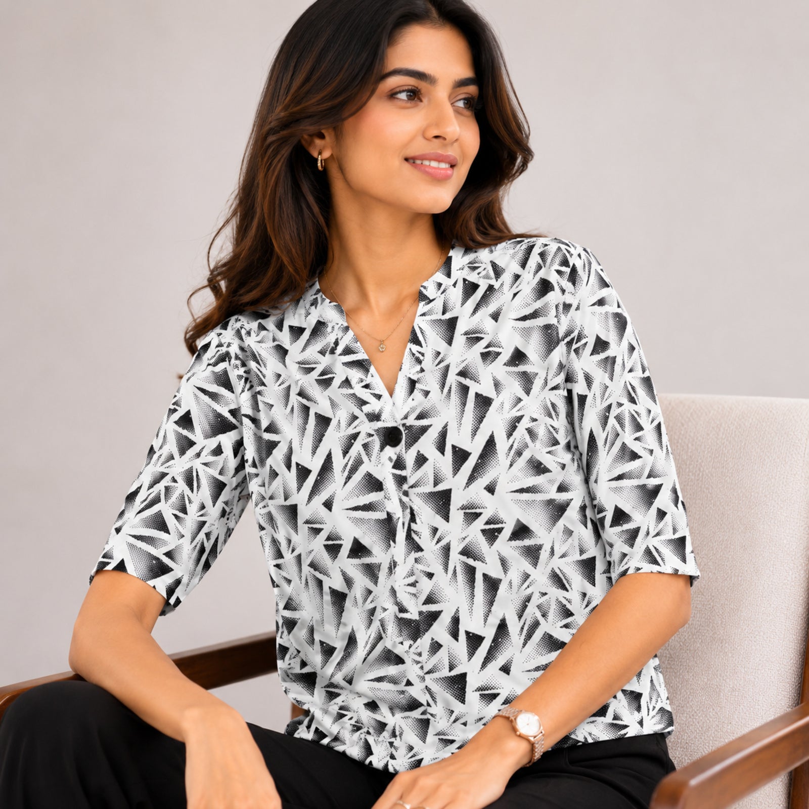 Women's Abstract Geometric Printed White Shirt Top-3