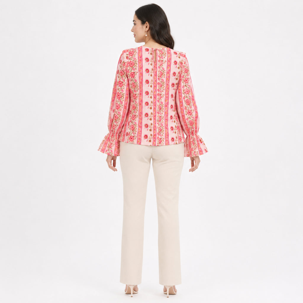 Women's Pink Floral Stripe Print Tie-Neck Flared Sleeve Top | Casual Boho Blouse-4