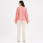 Women's Pink Floral Stripe Print Tie-Neck Flared Sleeve Top | Casual Boho Blouse-4