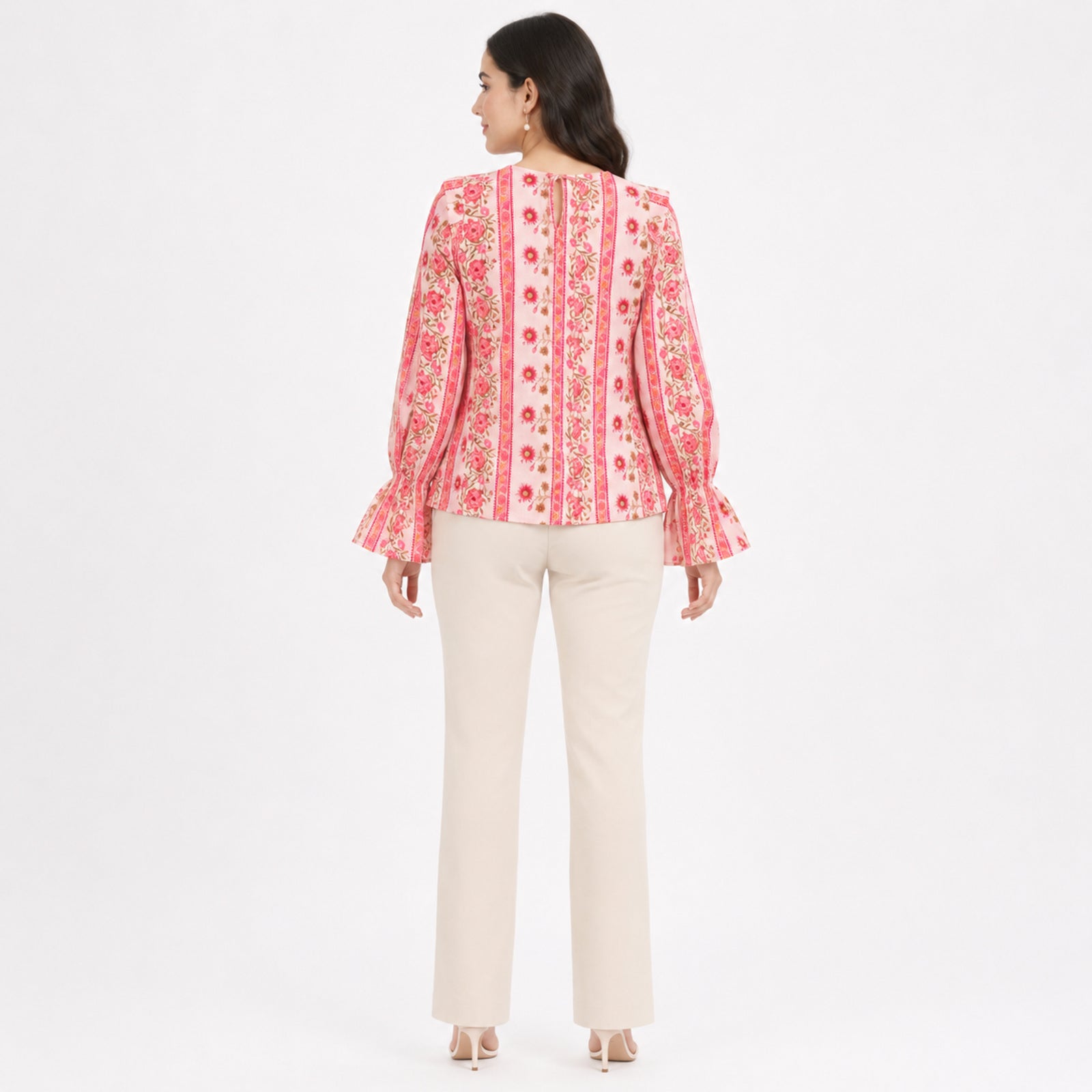 Women's Pink Floral Stripe Print Tie-Neck Flared Sleeve Top | Casual Boho Blouse-4