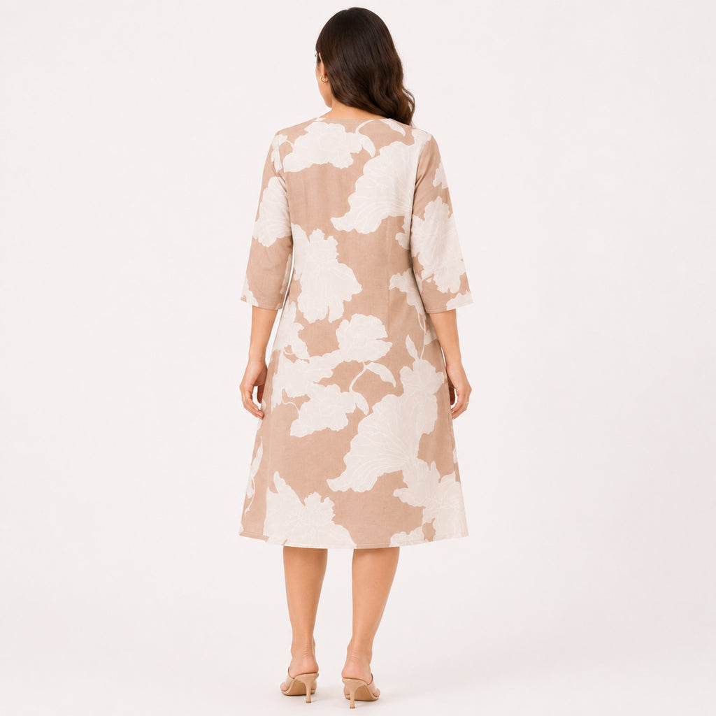 Women's Light Brown Leaf Print V-Neck Three-Quarter Sleeve A-Line Dress | Relaxed Casual Day Dress-4