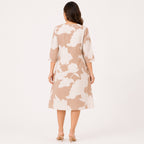 Women's Light Brown Leaf Print V-Neck Three-Quarter Sleeve A-Line Dress | Relaxed Casual Day Dress-4