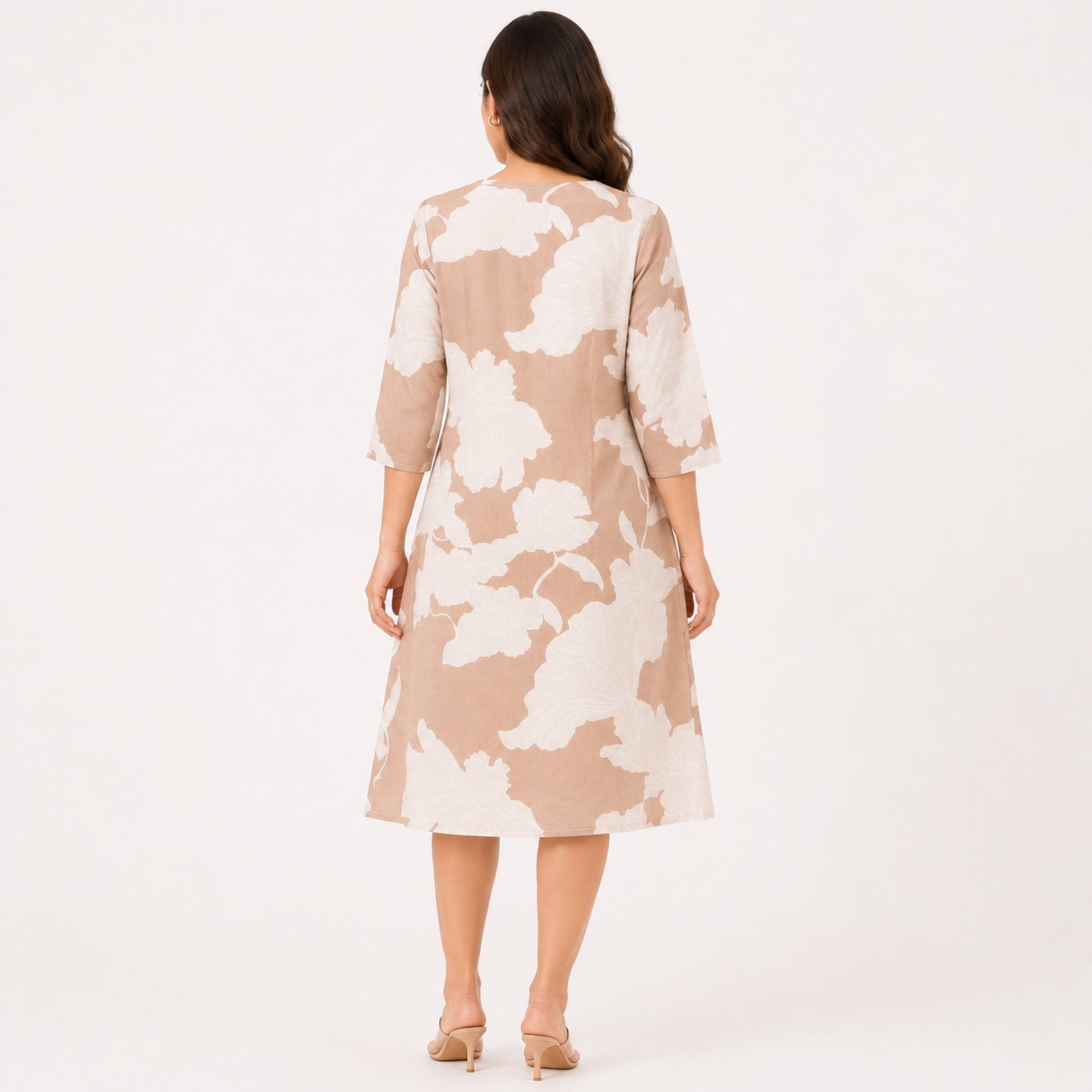 Women's Light Brown Leaf Print V-Neck Three-Quarter Sleeve A-Line Dress | Relaxed Casual Day Dress-4