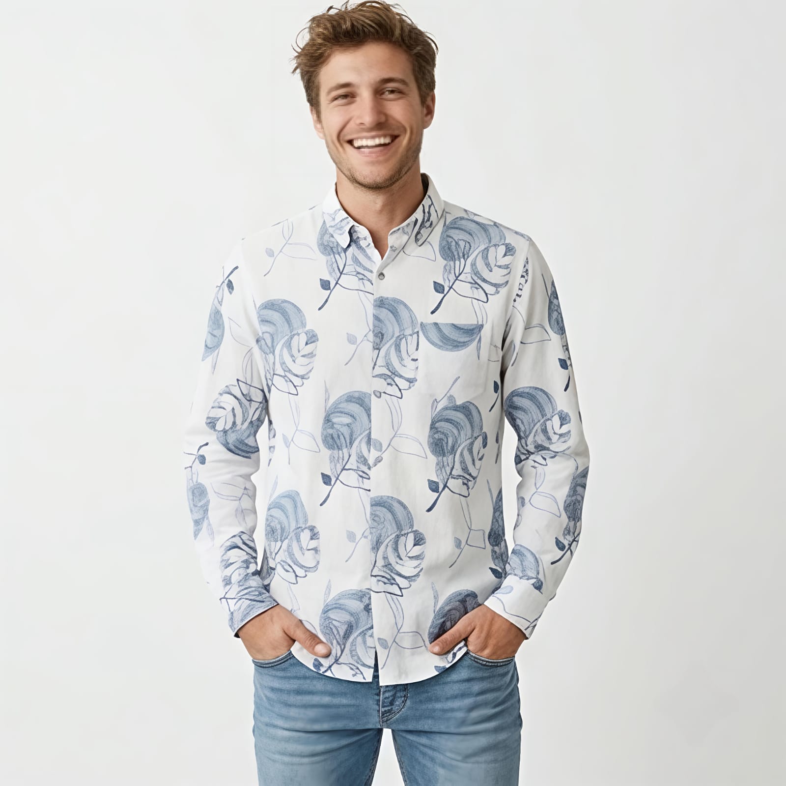 Men's White & Blue Abstract Floral Printed Casual Shirt-4