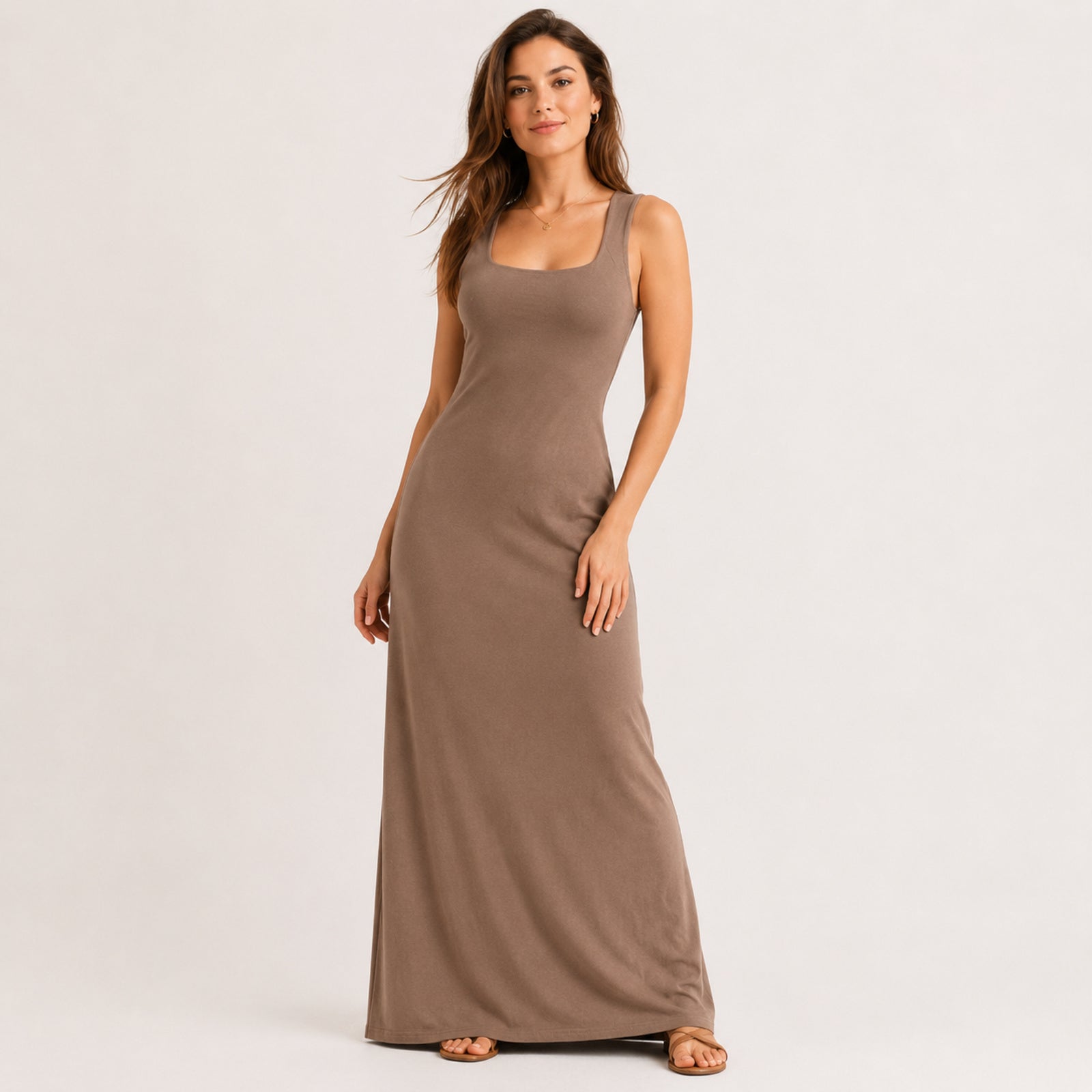 Women's Khaki Sleeveless Square Neck Maxi Dress-1