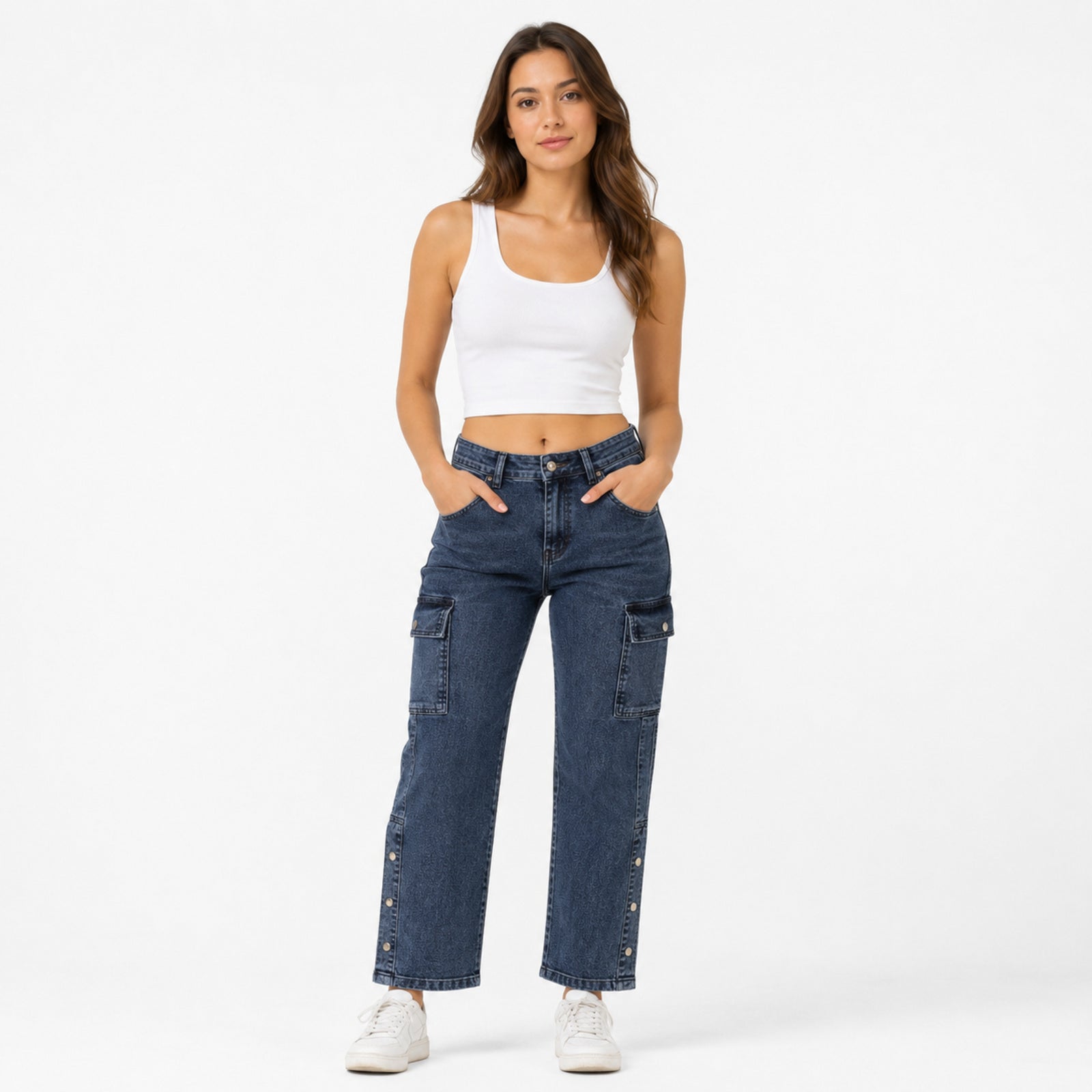 Women's Dark Wash Cargo Straight Fit Jeans-1