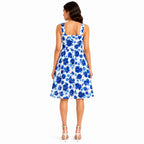 Women's Blue Floral Print Sleeveless Fit & Flare Midi Dress-4