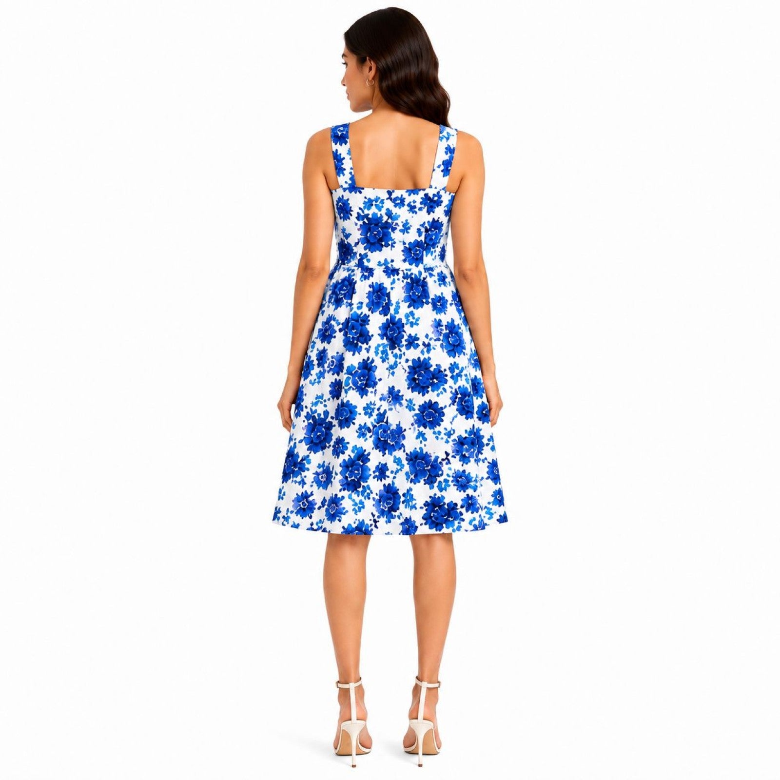 Women's Blue Floral Print Sleeveless Fit & Flare Midi Dress-4