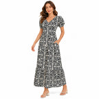 Women's Printed V-Neck Midi Dress with Puff Sleeves-1