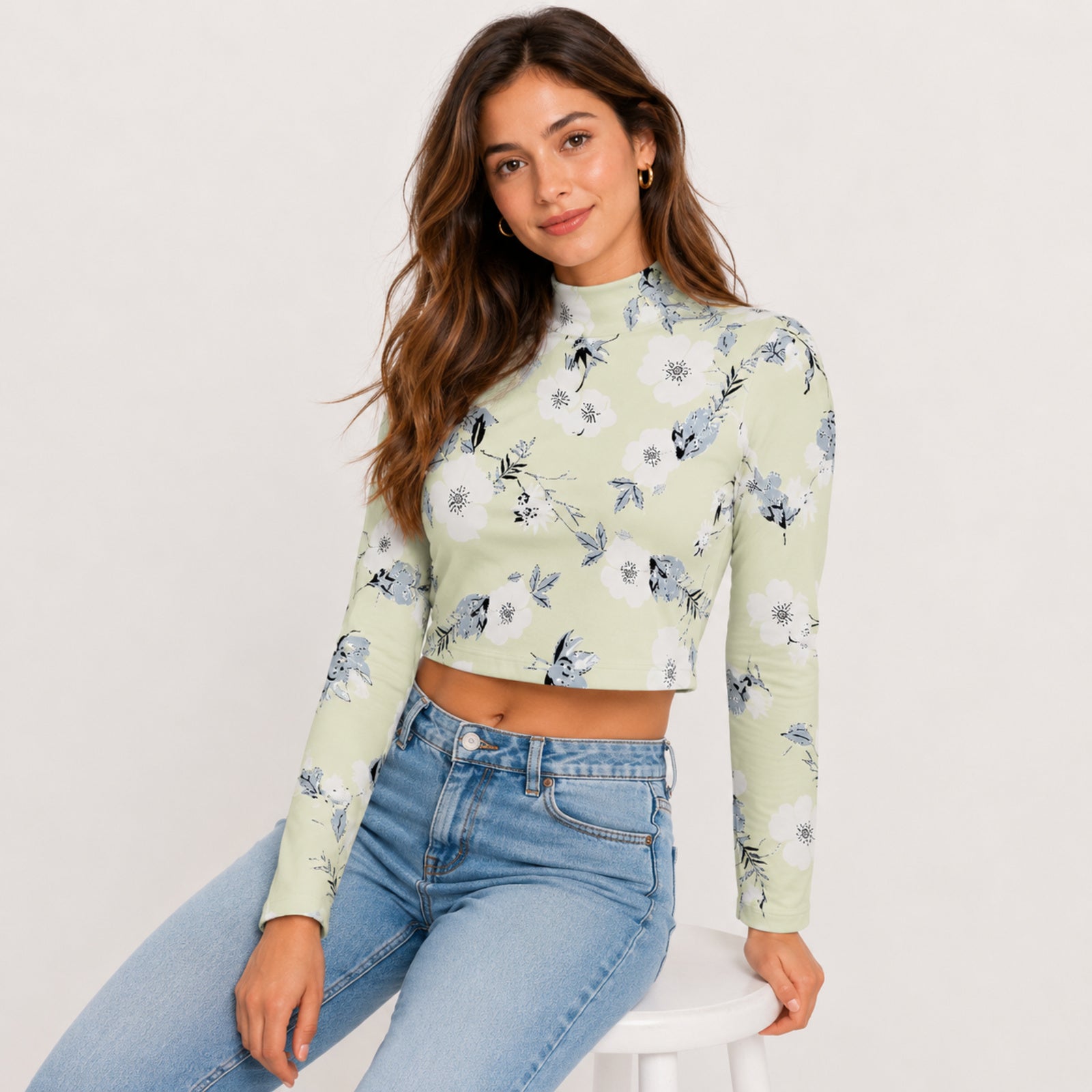 Women's Meadow Muse Yellow Floral Mock Neck Crop Top-2