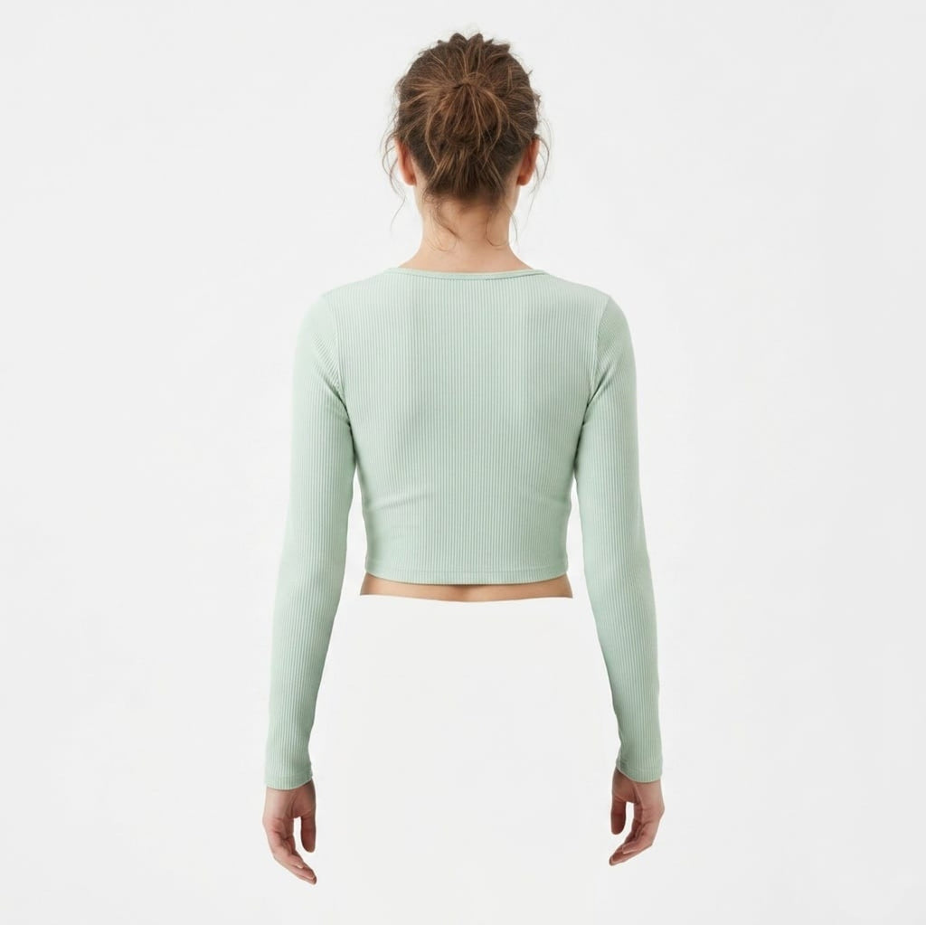 Women's Pista Green Ribbed Full Sleeve Crop Top-2