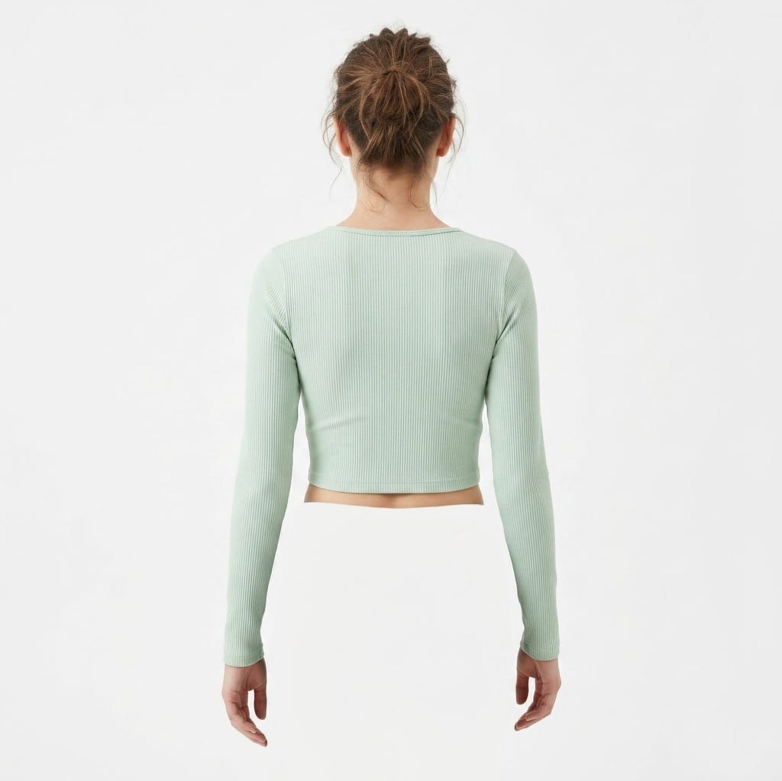 Women's Pista Green Ribbed Full Sleeve Crop Top-2