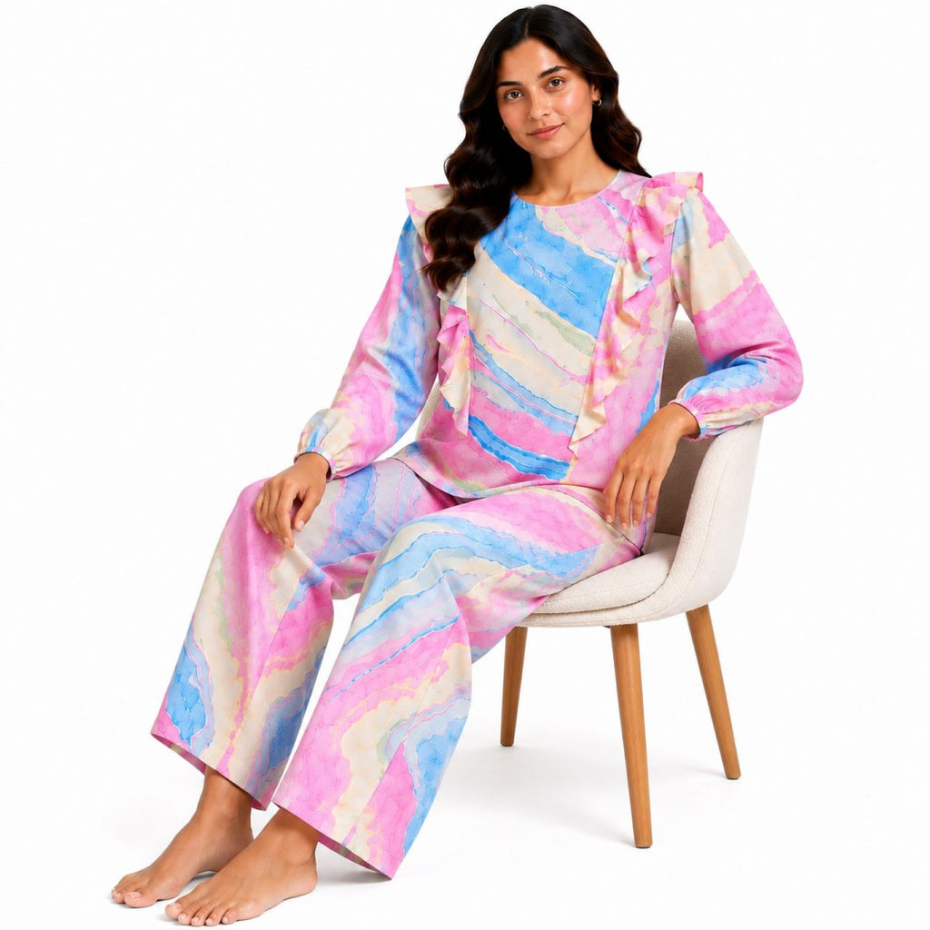 Women's Light Pink Abstract Marble Print Ruffle Sleeve Top and Straight Pyjama Co-Ord Set | Relaxed Lounge Set-3