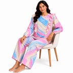 Women's Light Pink Abstract Marble Print Ruffle Sleeve Top and Straight Pyjama Co-Ord Set | Relaxed Lounge Set-3