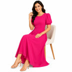 Women's Hot Pink Puff Sleeve Fit & Flare Midi Dress-4