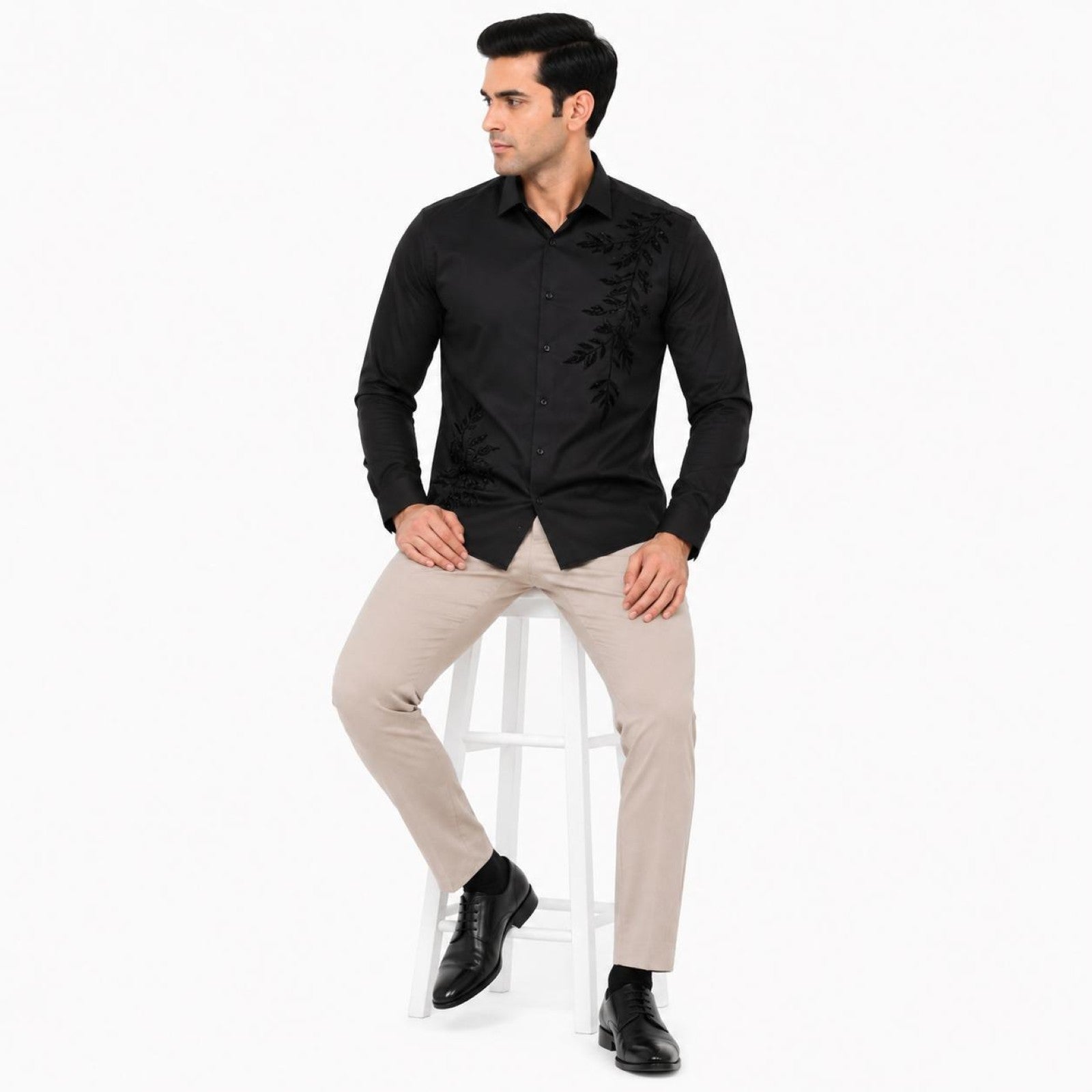 Men's Black Shadow Leaf Embroidered Shirt | Premium Evening Wear Full Sleeve Shirt-2