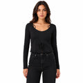Women's Black Tie-Front Long Sleeve Cropped Casual Top-1