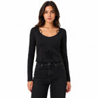 Women's Black Tie-Front Long Sleeve Cropped Casual Top-1