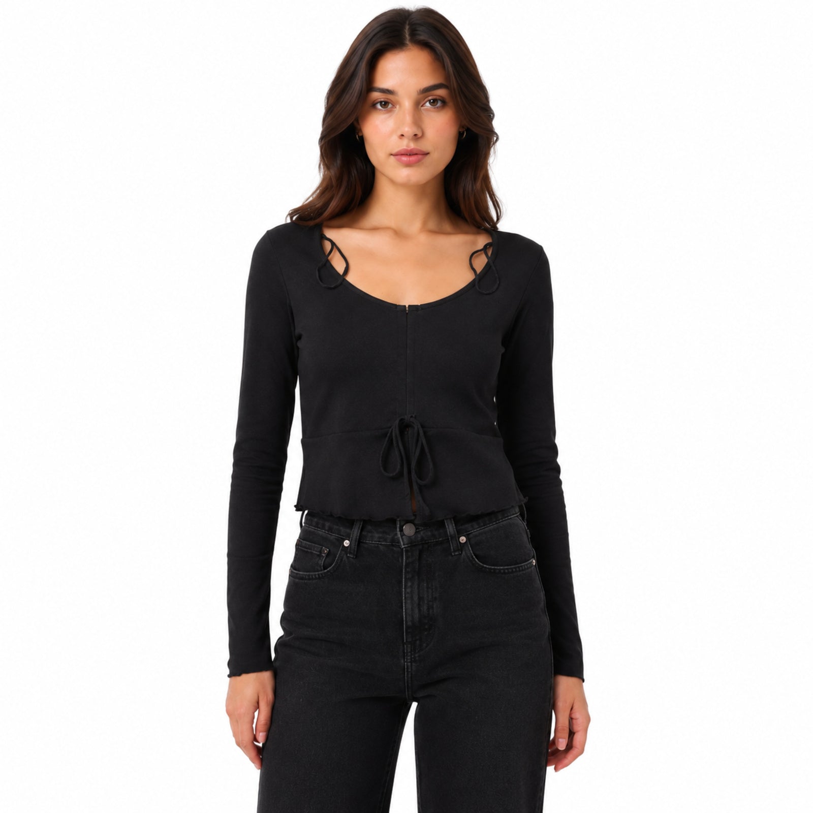 Women's Black Tie-Front Long Sleeve Cropped Casual Top-1