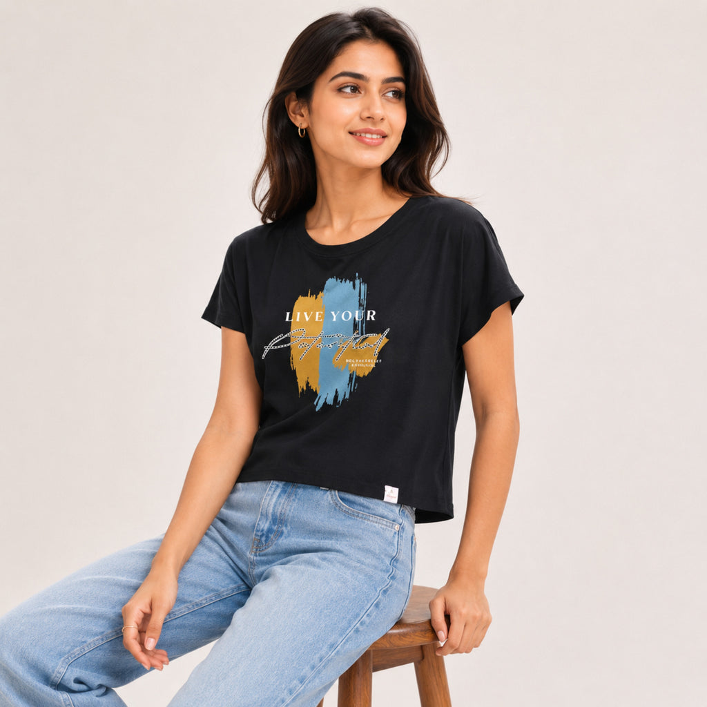 Women's Live Your Perfect Graphic Printed Black T-Shirt-2