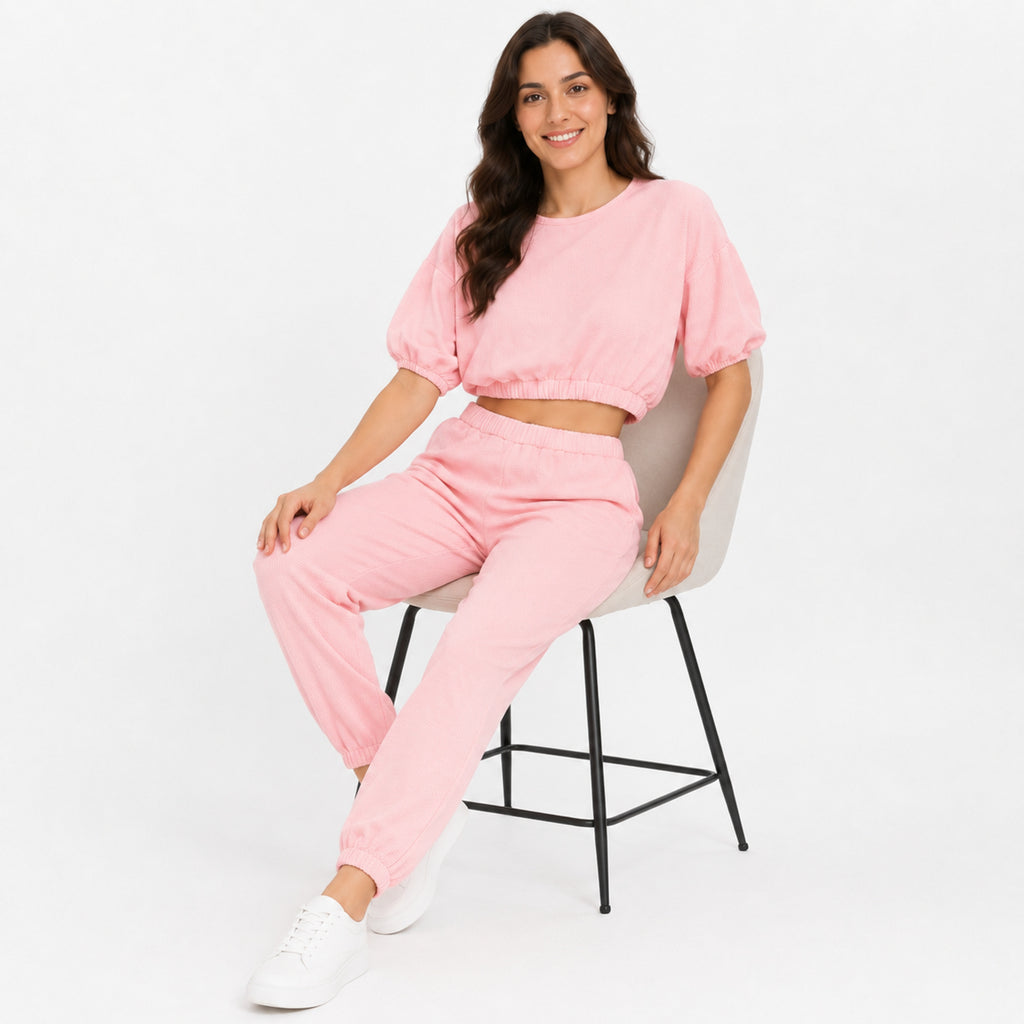 Women's Baby Pink Co-Ord Set | Casual Crop Top & Jogger Lounge Wear Set-2
