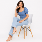 Women's Blue Solid Square Neck Puff Sleeve Crop Top-4
