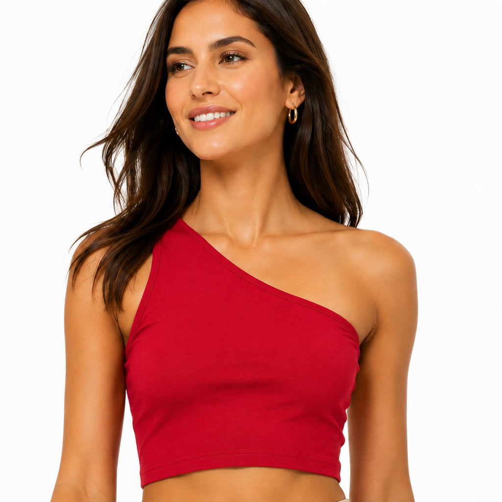 Women's Red One Shoulder Crop Top | Solid Slim Fit Asymmetrical Casual Top-2