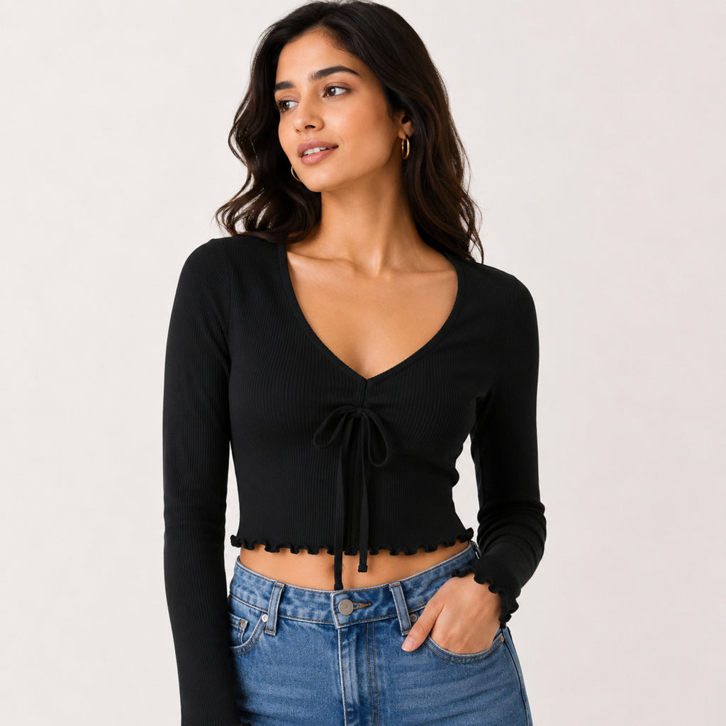 Women's Obsidian Midnight Black Ribbed Long-Sleeve Crop Top with Center Ruched Drawstring and Ruffle Trim-3