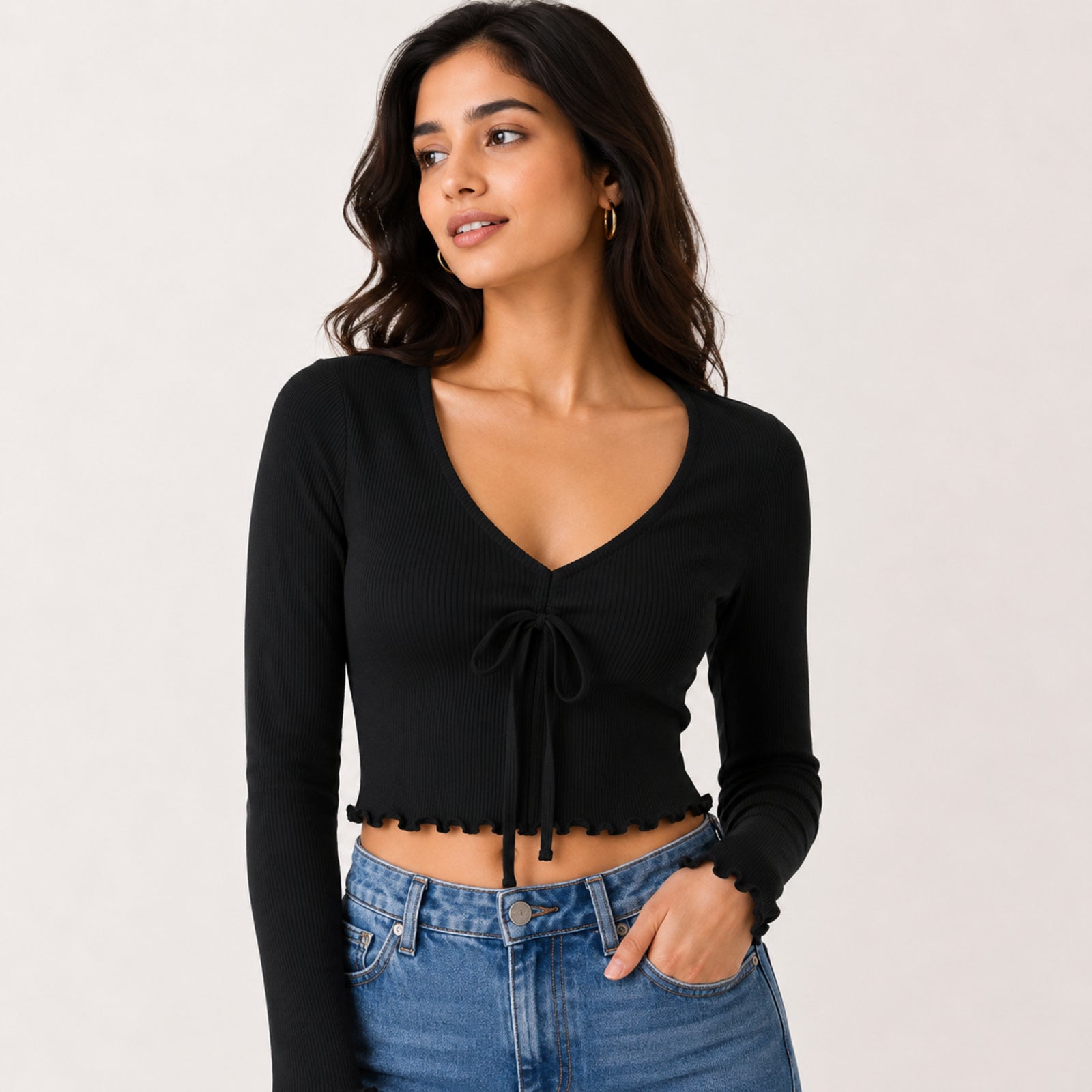 Women's Obsidian Midnight Black Ribbed Long-Sleeve Crop Top with Center Ruched Drawstring and Ruffle Trim-3