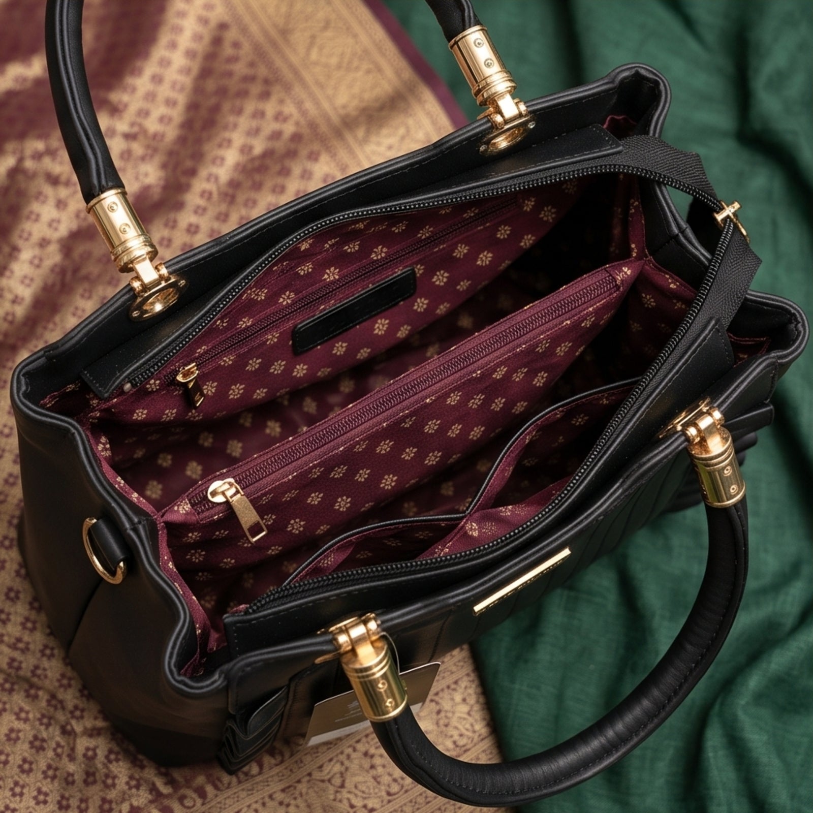 Women's Black Quilted Structured Handbag with Gold-Tone Handle-4