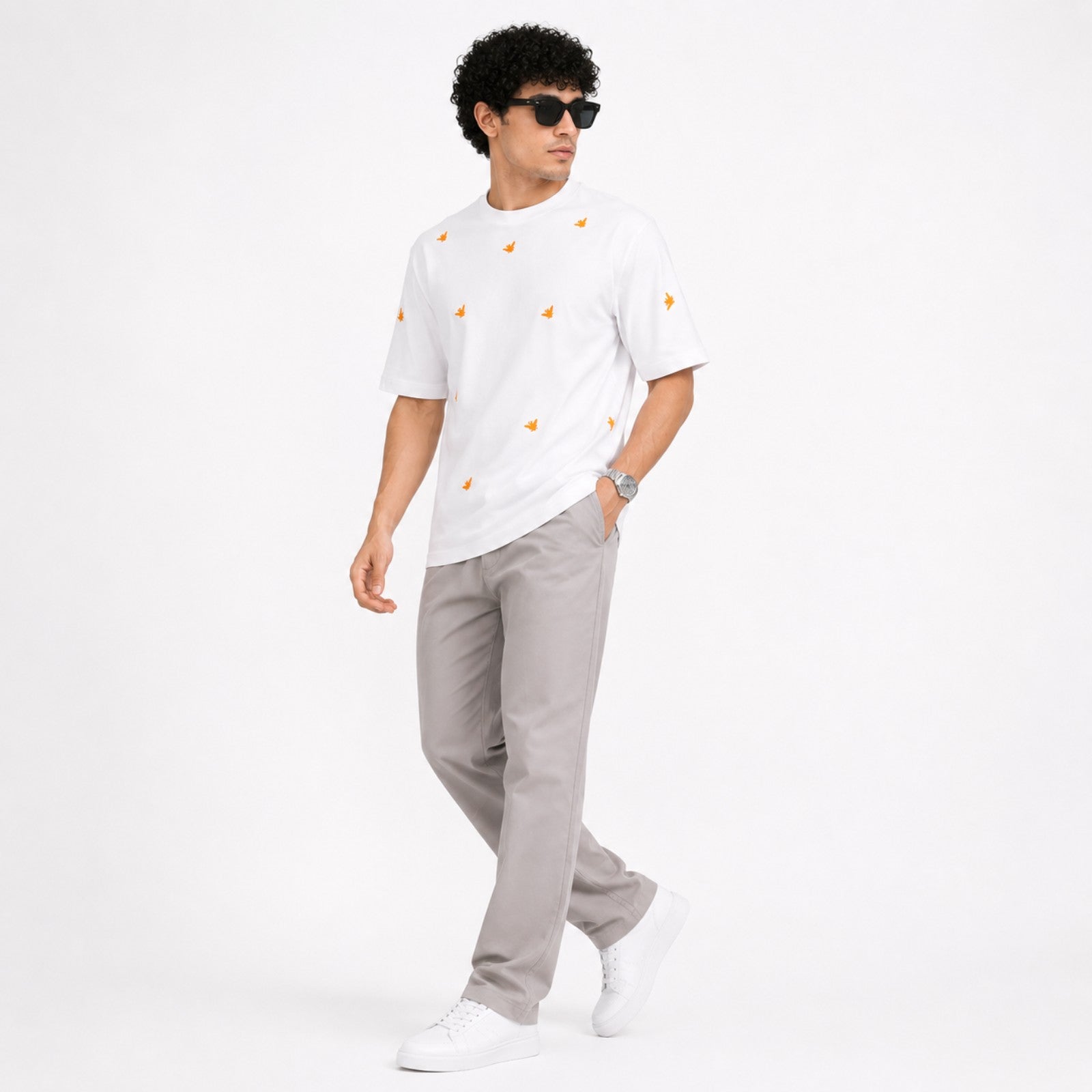 Men's White Minimal Printed Oversized T-Shirt-4