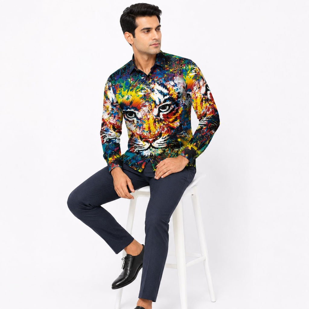 Men's Rainbow Tiger Face Digital Print Shirt | Statement Full Sleeve Party Shirt-3