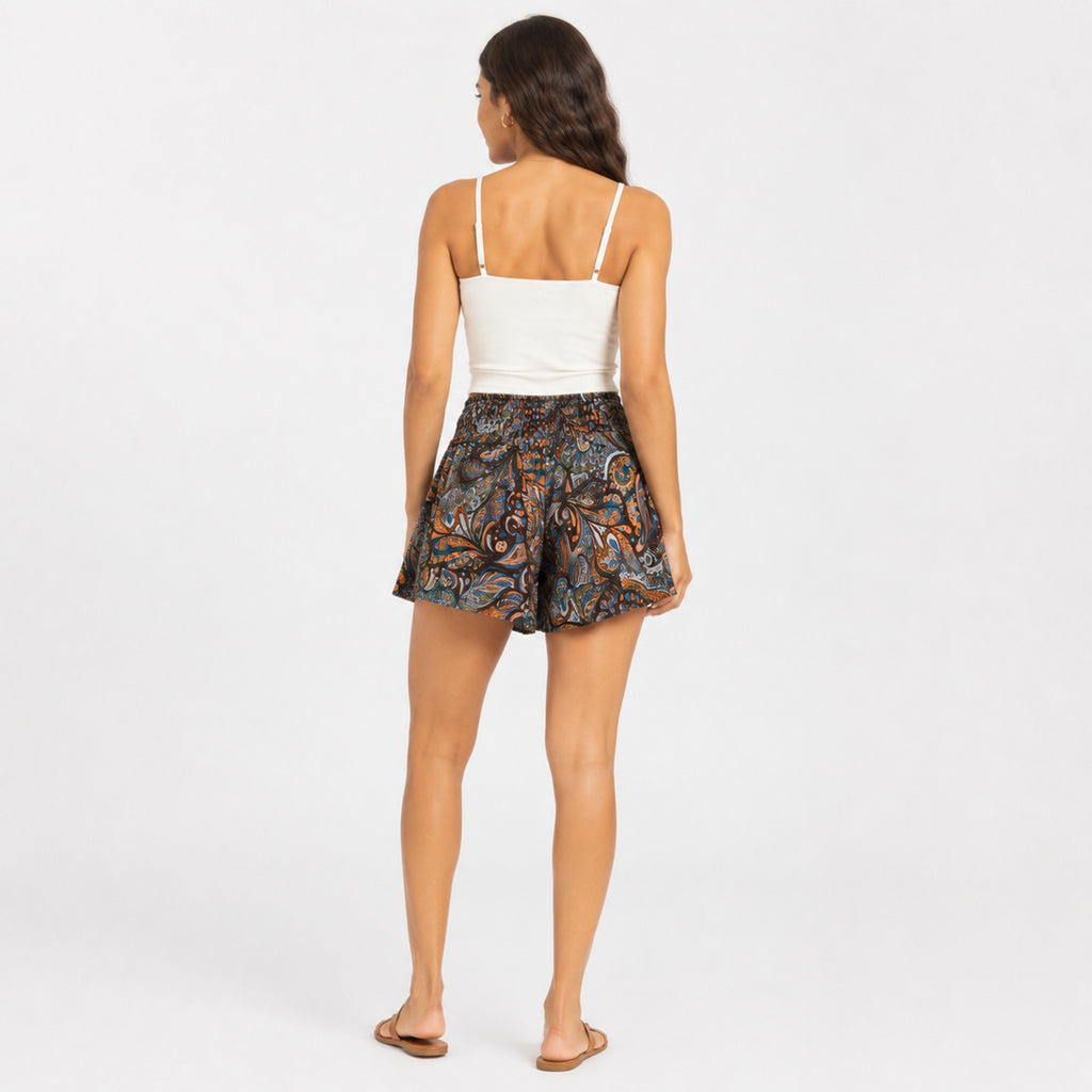 Women's Mustard Paisley Print Boho Flared Shorts | High-Rise Casual Summer Shorts-4